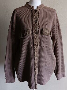 Fall Hayride Taupe Thick Waffle Knit Button Up Thermal Top Sweater, Womens Large